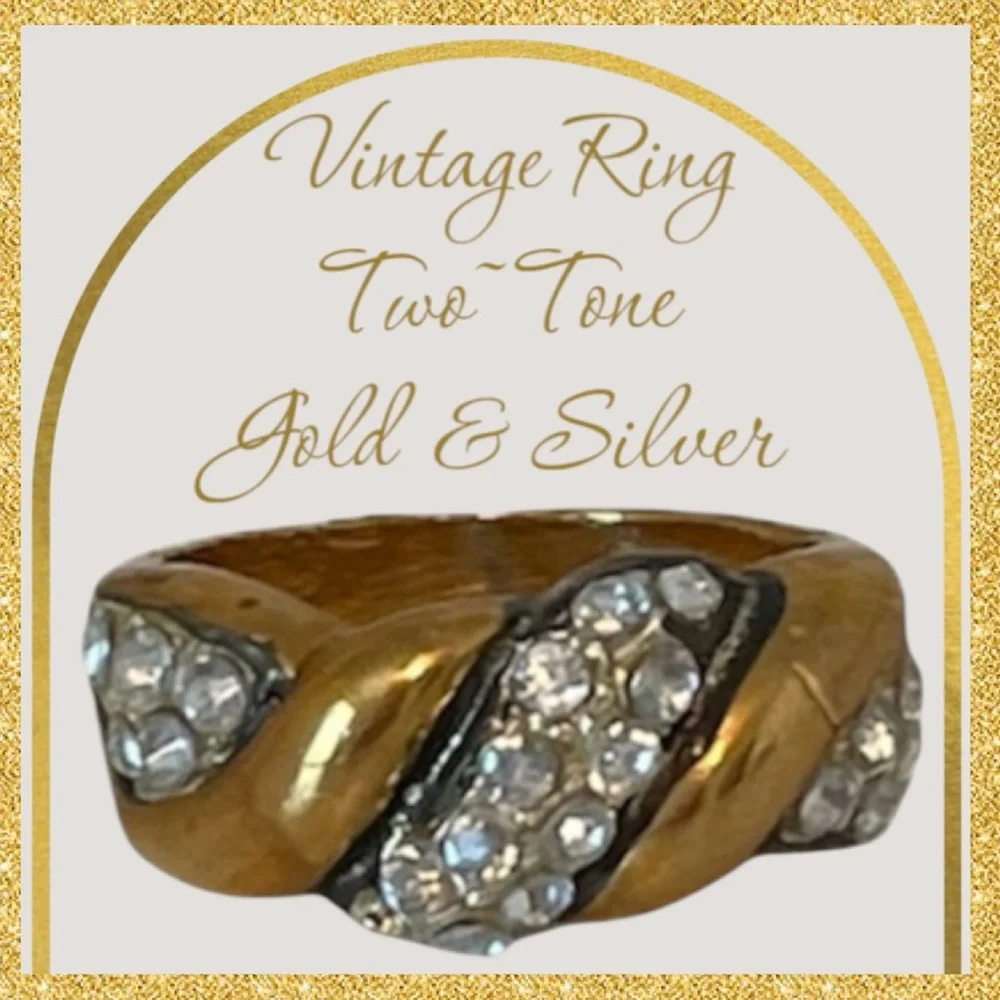 Vintage Ring Two Tone Gold Silver White Diamond Crystal Gemstone Vintage Jewelry